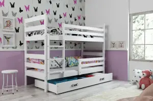 Łóżko piętrowe 190x80 ERYK 2-3 osobowe z szufladą – BIAŁE