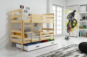 Łóżko piętrowe 190x80 ERYK 2-3 osobowe z szufladą – SOSNA
