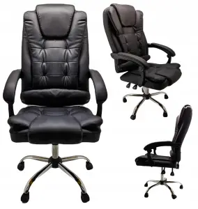 FOTEL BIUROWY CZARNY KRZESŁO BIUROWE FOTEL OBROTOWY ERGONOMICZNY SKÓRZANY